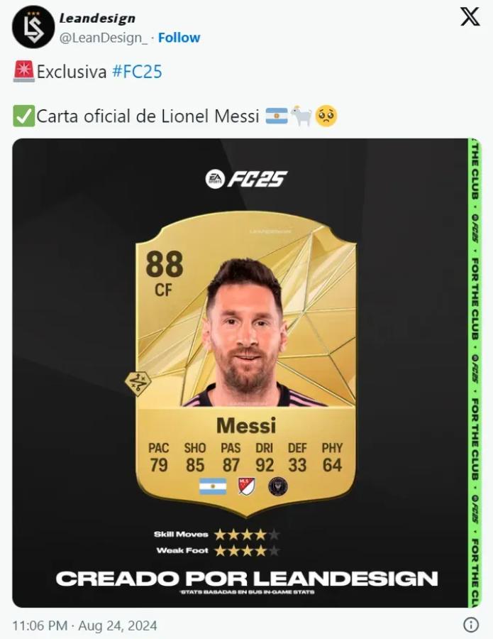 Messi tem um raing de 88 no EA FC 25